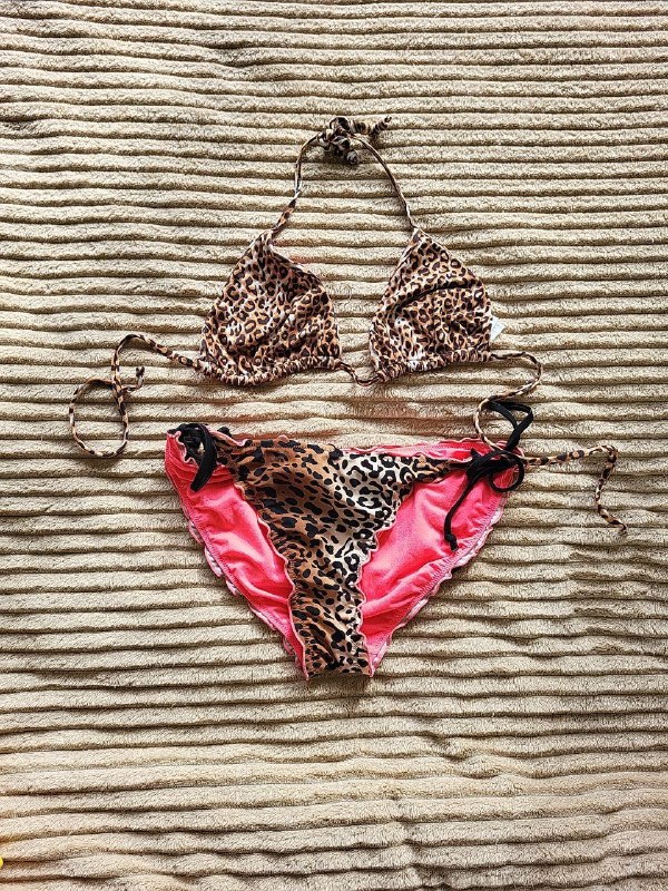 Купальник розовый леопард М на завязках. Полиамид эластан — фото 1