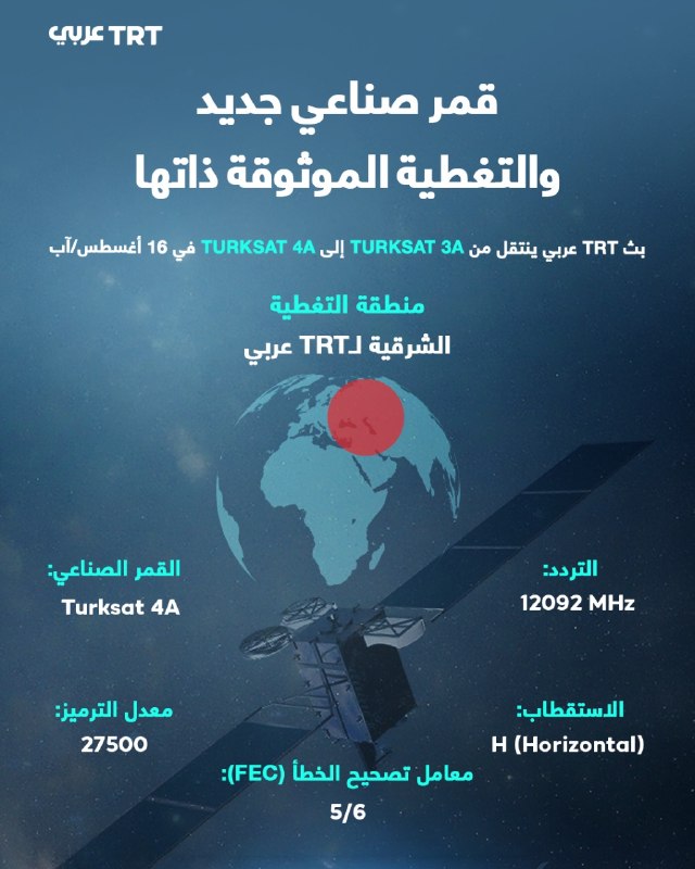 שידור TRT בערבית יעבור מהלוויין Turksat 3A ל-Turksat 4A החל מה-16 באוגוסט, כדי להמשיך לצפות ב-TRT בערבית לל…