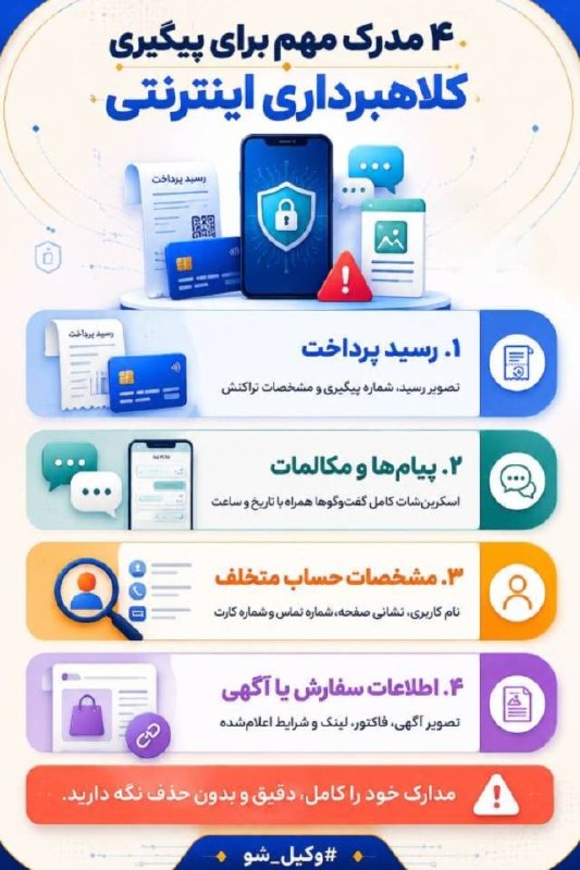 اخبار عدلیه: ♦️۴ مدرک مهم برای پیگیری کلاهبرداری اینترنتی که باید بدونید 📃⚖