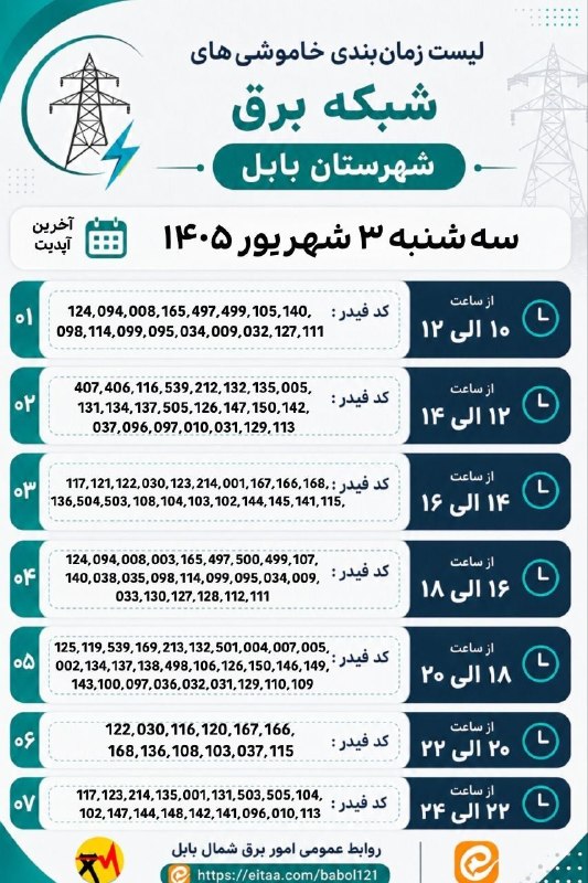 💬 بابل نیوز: ⚡️ لیست زمانبندی خاموشیهای شبکه برق شهرستان بابل📅 سه شنبه ۳ شهریور ۱۴۰۵دوشنبه ، ۲ شهریور ۱۴۰۵.کانال #بابل_نیوز بَله :🆔