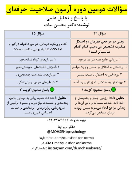 مقاله، پایان نامه، رساله، کتاب، استخدامی.مشاوره کنکوری: سؤالات دومین دوره آزمون صلاحیت حرفهایبا پاسخ و تحلیل علمینوشته: دکتر محسن بیاتتهیه جزوات:پیامک در تلگرام، ایتا:👇 @MOHSE