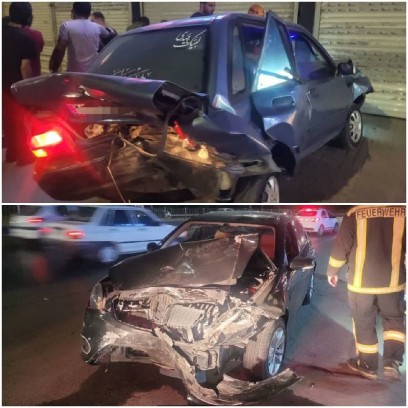حوادث مشهد: 🔸۳مصدوم در تصادف پراید و برلیانس در مقابل منزل آبادحسامی، مدیرعامل آتشنشانی مشهد:🔹حادثه برخورد دو خودروی پراید و برلیان