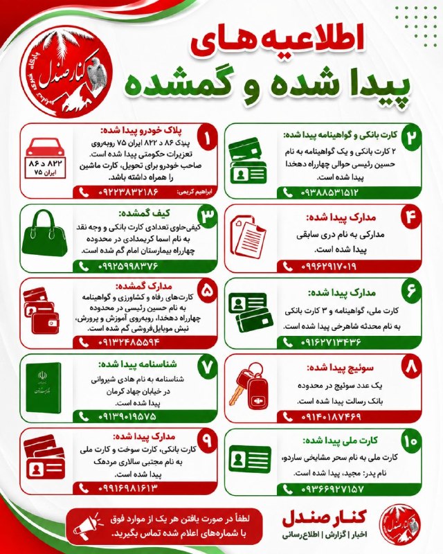 کانال خبری کنارصندل: 🔺لیست آگهی‌های گمشده و پیدا شده(۱) مخاطبان گرامی؛در صورت تمایل به اطلاع‌رسانی درباره گمشده‌ها و پیدا شده‌ها، لطفاً مشخصا