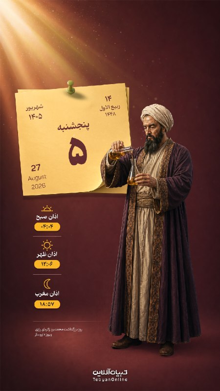 تبیان: 🟡 امروز پنجشنبه ۵ شهریور ۱۴۰۵🕋 اوقات شرعی به افق تهران:▫️ اذان صبح: ۰۴:۰۴▫️ اذان ظهر: ۱۲:۰۶▫️ اذان مغرب: ۱۸:۵۷اینستاگرام