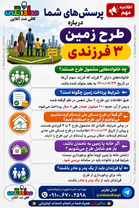 کافی نت آنلاین مداد رنگی: سه فرزند دارید؟ شاید این طرح شامل خانواده شما هم بشه!شرایط استفاده از طرح زمین برای خانوادههای دارای سه فرزند، یکی از م
