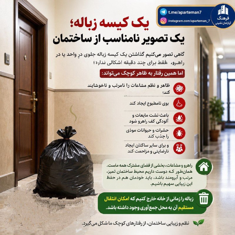 رباط آنلاین: 🗑️ یک کیسه زباله؛ یک تصویر نامناسب از ساختمانگاهی تصور می‌کنیم گذاشتن یک کیسه زباله جلوی درِ واحد یا در راهرو، فقط برای 