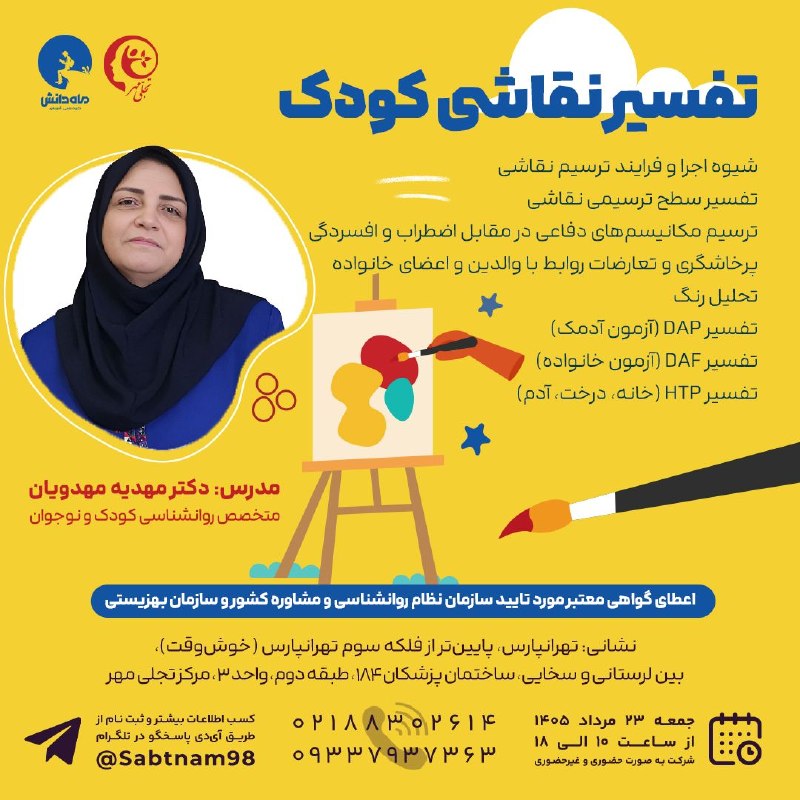 نوروسایکولوژی: 📣 کارگاه تفسیر نقاشی کودک✅ شیوه اجرا و فرایند ترسیم نقاشی✅ تفسیر سطح ترسیمی نقاشی✅ ترسیم مکانیسم های دفاعی در برابر اضطر