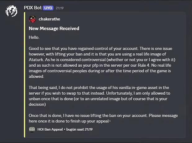 Hearts of Iron IV Discord של Paradox אסר שחקן טורקי על שימוש בתצלום אמיתי של אטאטורק כתמונת פרופיל.