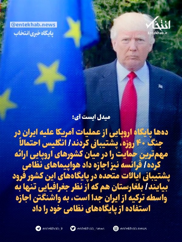 پایگاه خبری انتخاب ✔: میدل ایست آی:🔹ده‌ها پایگاه اروپایی از عملیات آمریکا علیه ایران در جنگ ۴۰ روزه، پشتیبانی کردند🔹 انگلیس احتمالاً مهم‌ترین 