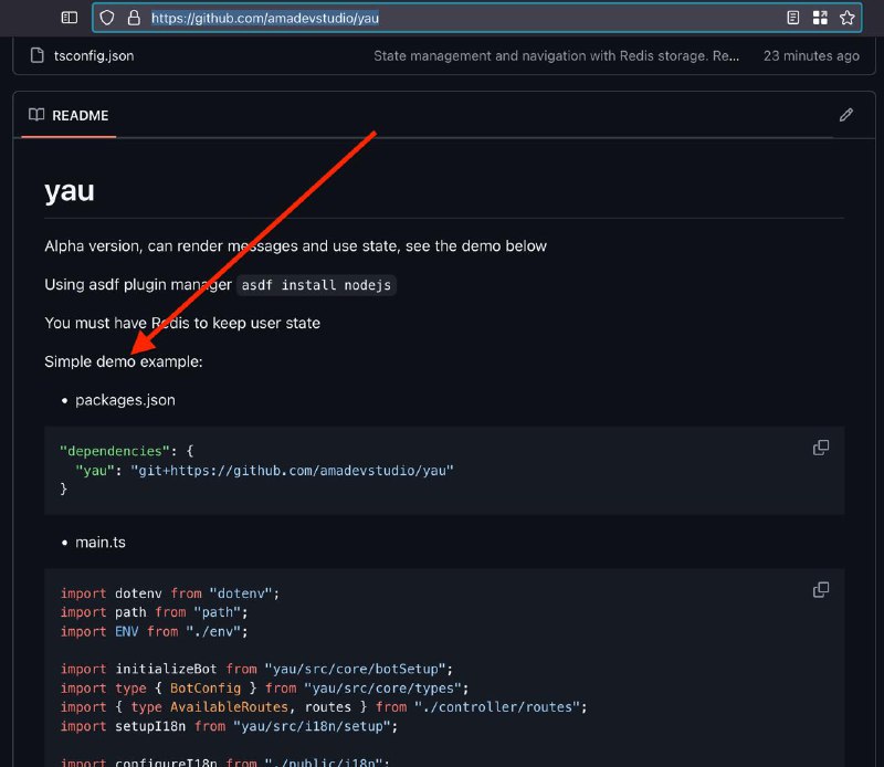 На видео пример, который указан в README.md на GitHub, если создать TypeScript-проект с кодом, который можно увидеть после слов 