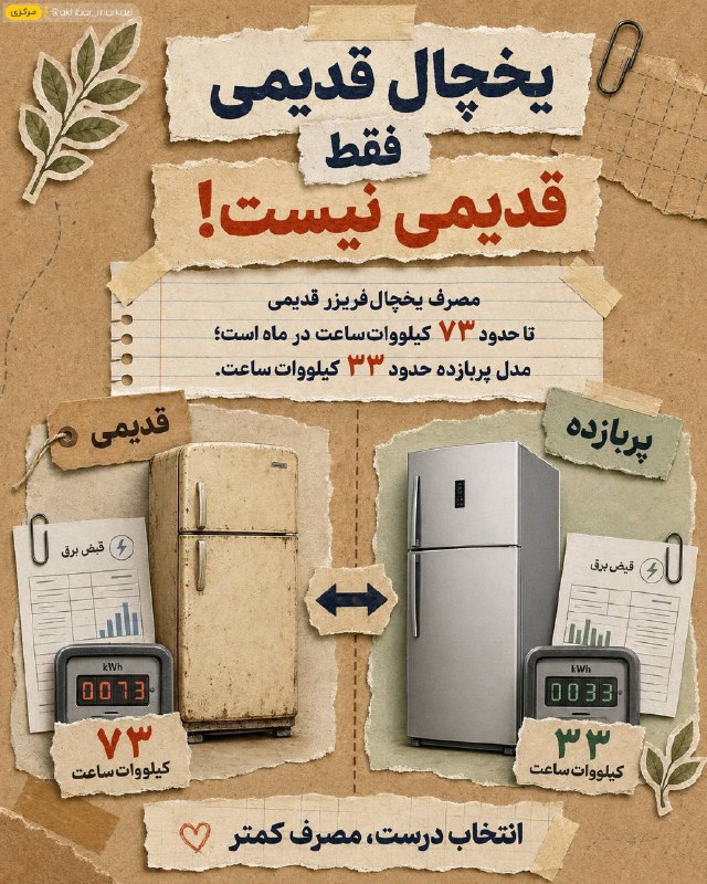 اخبار مرکزی: ♦️یخچال قدیمی فقط یک وسیله قدیمی نیست؛میتواند برق بیشتری هم مصرف کند و سهم قابلتوجهی در افزایش مصرف خانه داشته باشد🔹️