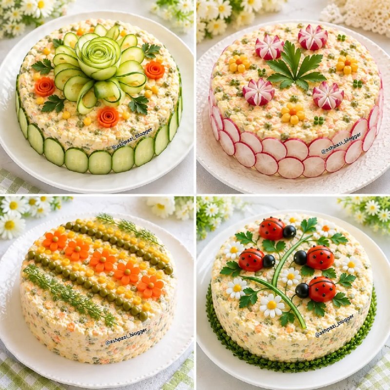هنر بانو ایدهای نو 🌺🌺🌺: تزیین ۴ مدل سالاد الویهدیزاین زیبا@artfu524.🍟🌭🍔🥘🎈🎁🎀🛍🧸☘🍀🌾🌾