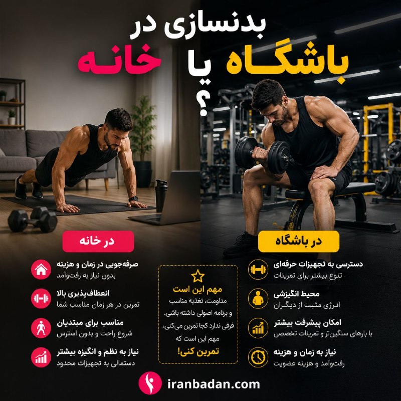 بدنسازی و تناسب اندام | ایران بدن: بدنسازی در خانه یا باشگاه؟ کدام بهتر است؟پاسخ به هدف، شرایط و سبک زندگی شما بستگی دارد. مهمترین عامل موفقیت، تداوم تمری