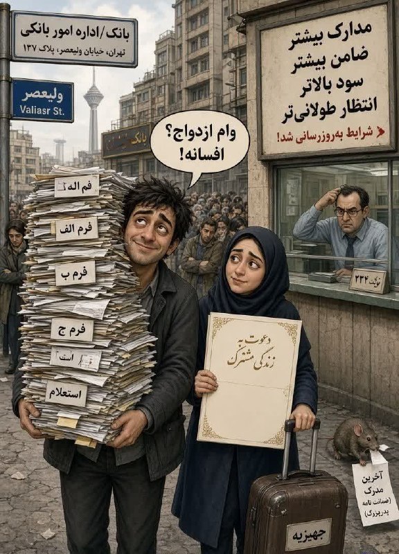 سلام میلاجرد: وام ازدواج😔مطالبه ای که هر روز شرایطش سختتر میشود! ⚕️مدارک بیشتر، ضامن بیشتر و صفهای طولانیتر... ⚕️جوان ایرانی با کو