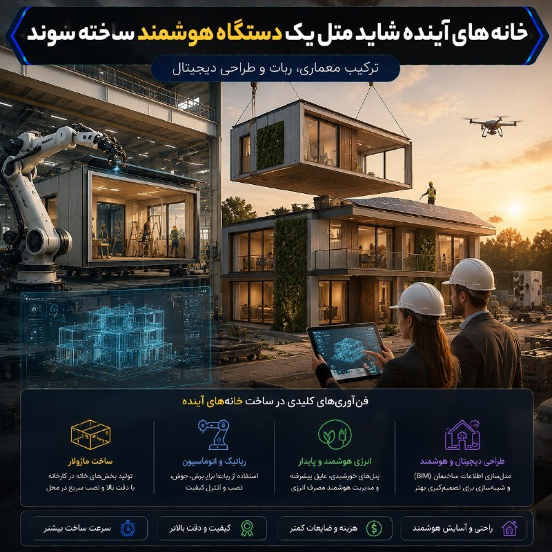 زیر آبی | ترفند و تکنولوژی: 🏠 خانه‌های آینده شاید مثل یک دستگاه هوشمند ساخته شوند🧱 ساخت‌وساز مدرن به سمت استفاده بیشتر از قطعات پیش‌ساخته، ربات‌ها و