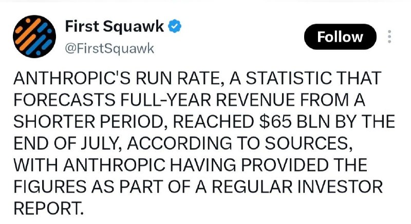 توییتر_بورس: 🤔درآمد سالانه شرکت آنتروپیک از مرز 65 میلیارد دلار فراتر رفت!@twitter_bourse