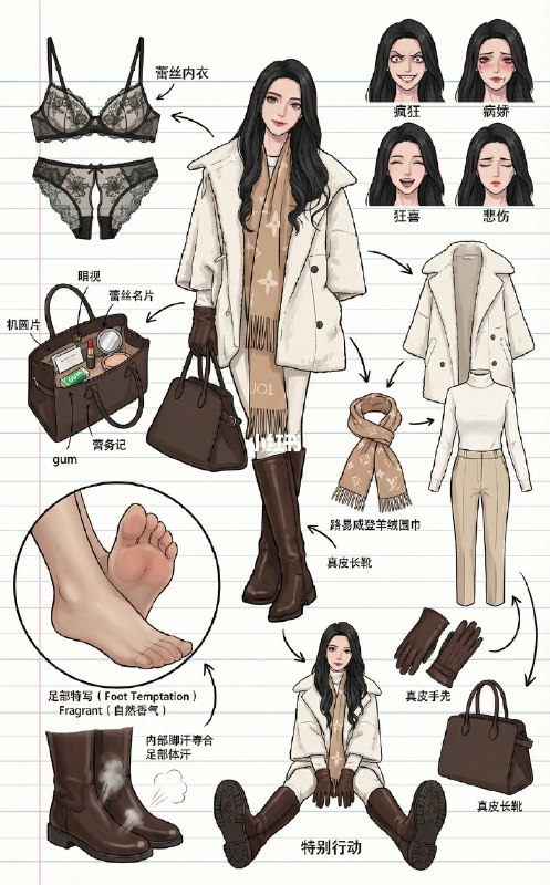 ☃️角色设定拆解图——冬日少女1️⃣ 加绒瑜伽服 + 长筒靴：瑜伽垫上是舒展松弛的运动系美女2️⃣ 牛仔外套 + 大毛领：镜头前是裹着软乎乎毛领的韩系甜妹3️⃣ 毛绒大衣 + 奶茶色围巾：站在巷口是自带柔光的温柔姐姐提示词如下：Role(角色设定)你是一位顶尖的游戏与动漫概念美术设计大师(concept Artist)，擅长制作详尽的角色设定图(character sheet)