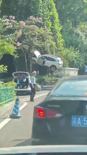 "אתה באמת לא יכול לחנות שם, חבר:" רכב שטח סטה מהכביש בצ'ונגצ'ינג, סין - ואיכשהו בסופו של דבר הוכנס למקום