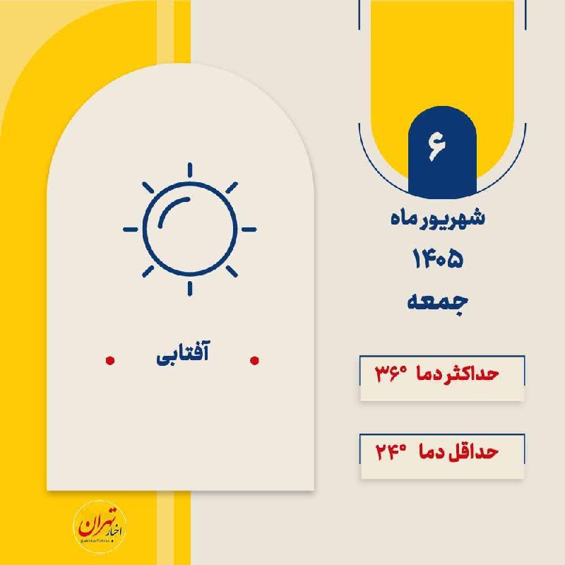اخبار تهران: ‼️وضعیت آب و هوای فردای تهران؛ آفتابی 🔸فردا جمعه، ۶ شهریور ماه ۱۴۰۵، هوای پایتخت آفتابی خواهد بود. 🔸حداکثر دما ۳۶ درجه و