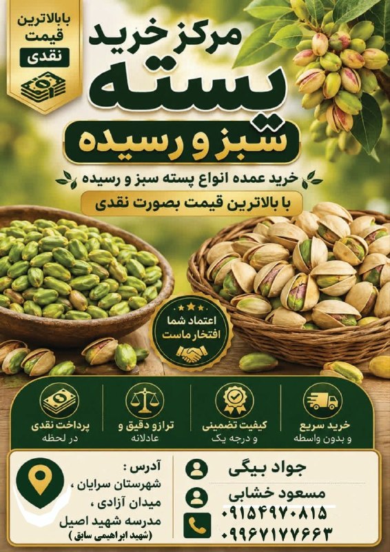 سرایان20: مرکزخریدپسته سبز ورسیده بابالاترین قیمت به صورت نقد.آدرس:آدرس هرساله،سرایان دورمیدان آزادی مدرسه شهیداصیل(شهیدابراهیمی س