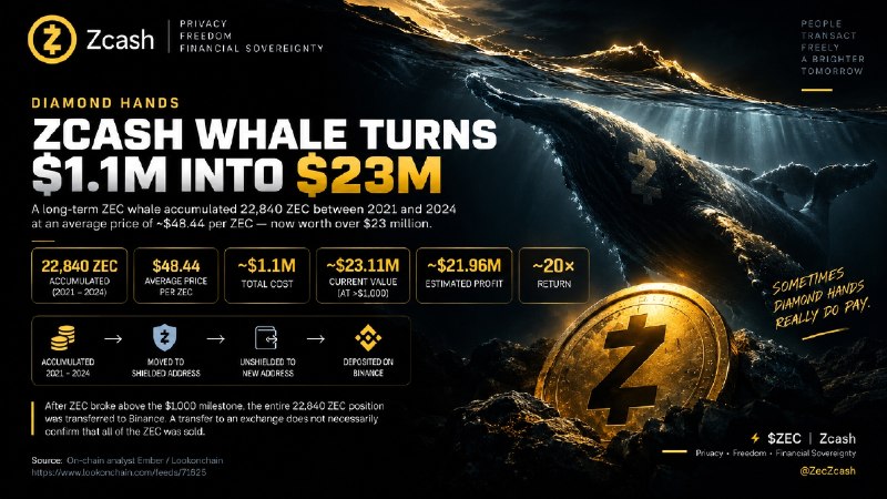 DIAMOND HANDS: ZCASH WHALE TURNS ~$1.1M INTO $23M