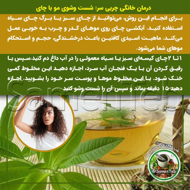 🍃طبِ معجزهگرِ سنتی🍂: 👩درمان خانگی چربی سر: شست وشوی مو با چای🍵برای انجام این روش درمان خانگی چربی سر، میتوانید از چای سبز یا برگ چای سیاه اس