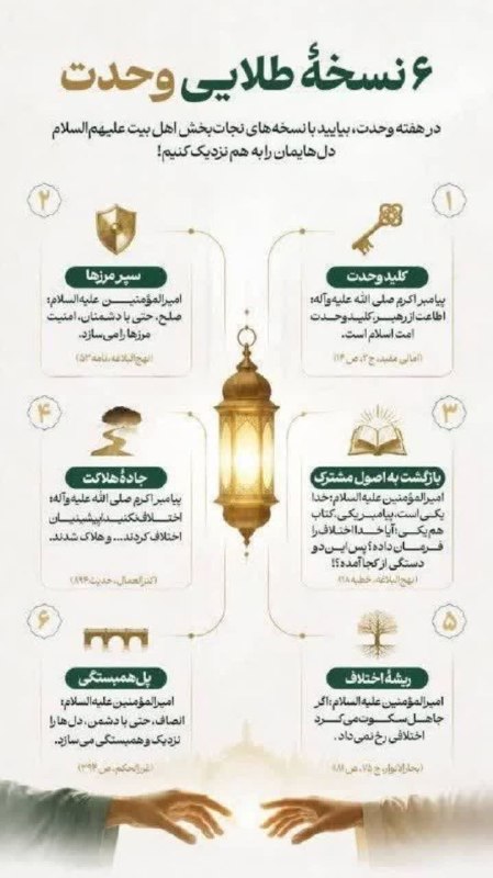 اخبار رفسنجان/ خانه خشتی: 💠 شش نسخۀ طلایی وحدت 🔹در هفته وحدت، بیایید با نسخه‌های نجات‌بخش اهل بیت علیهم‌السلام دل‌هایمان را به هم نزدیک کنیمکانال 