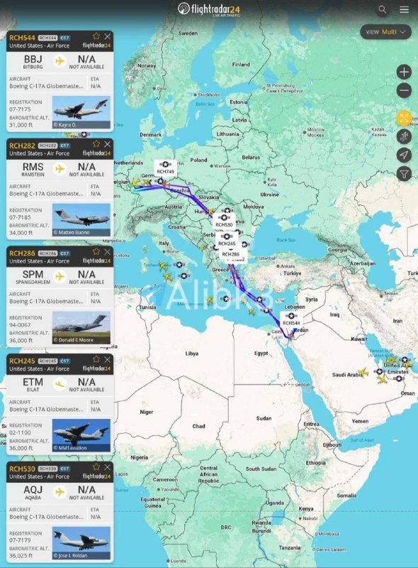מספר מטוסי C-17 אמריקאים יוצאים מבסיסים שונים בארה"ב בירדן.