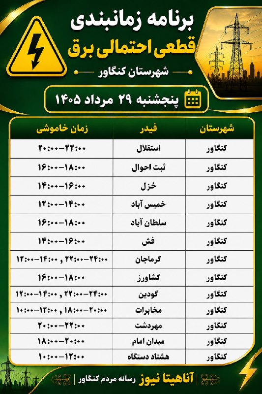 آناهیتا نیوز | Anahita News: #اطلاعیه برنامه زمانبندی قطعی احتمالی برق شهرستان کنگاورپنجشنبه ۱۴۰۵/۰۵/۲۹آناهیتانیوز ؛ رسانه مردم کنگاور🆔 @anahitanews