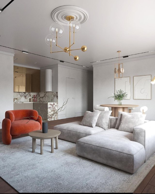 Интерьер небольшой кухни-гостиной выполнен в стильном современном стиле. Центральное место в интерьере занимает роскошная кухня с золотыми зеркальн... - изображение 1 - интерьер, небольшой, кухни