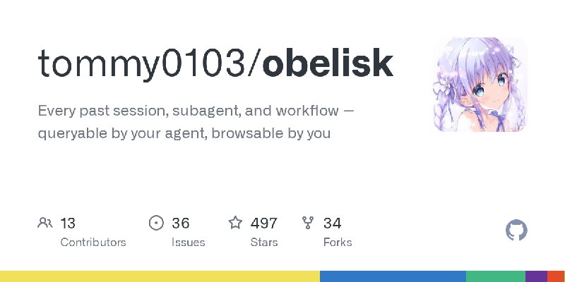 GitHub - tommy0103/obelisk: Every past session, subagent, and workflow -- queryable by your agent, browsable by you