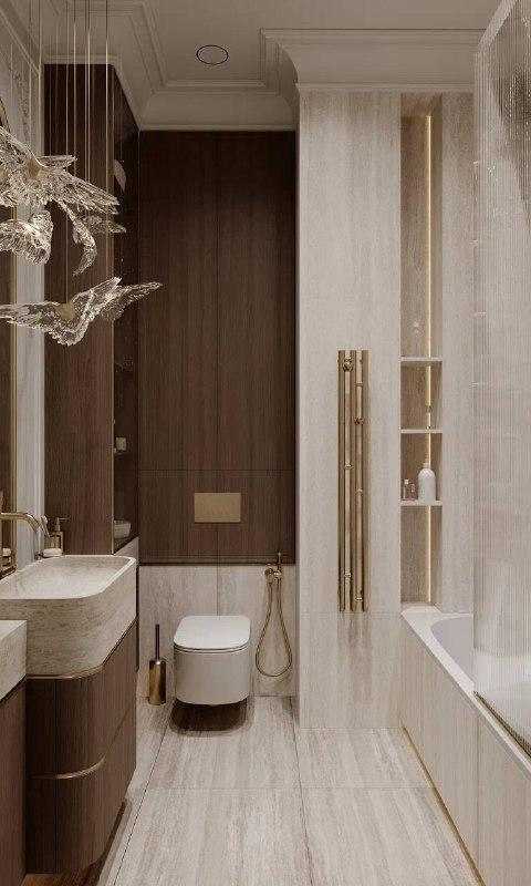 Ванная комната квартиры в ЖК Full House Раковина из цельного травертина, за ванной крупноформатный керамогранит, аккуратные встроенные ниши с подсв... - изображение 4 - ванная, комната, квартиры