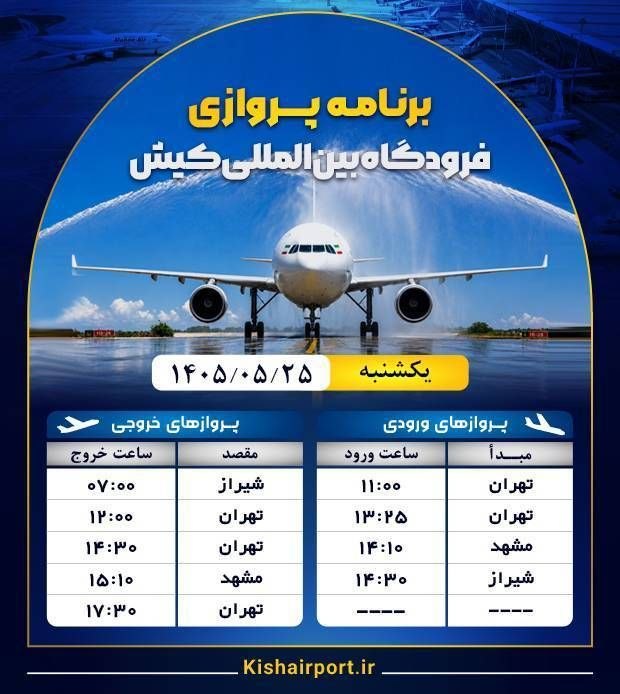 پایگاه خبری کیشوند نیوز: ✈️ *برنامه پروازی فرودگاه بین‌المللی کیش*🗓 یکشنبه / ۲۵ مرداد ماه / ۱۴۰۵ورودی: ۴ پروازخروجی: ۵ پرواز@kishvandnews_ir