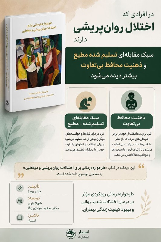 طرحواره درمانی مرادی وفا: در افرادی که اختلال روانپریشی دارند سبک مقابله ای تسلیم شده مطیع و ذهنیت محافظ بی تفاوت بیشتر دیده می شود کتاب طرحواره د