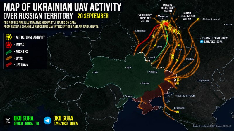 Oko Hora released a map of overnight attacks on targets in Russia and said 10 types of drones and missiles were launched at Russia overnight.