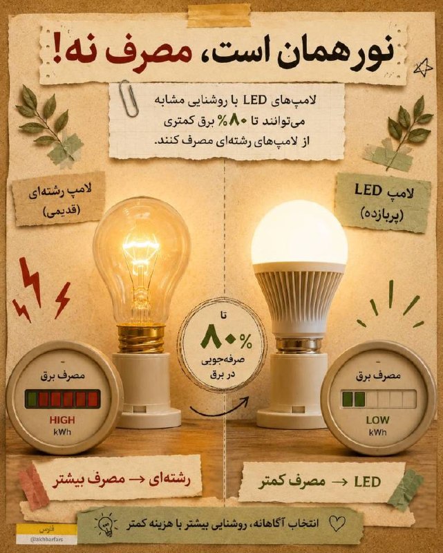اخبار فارس: ♦️ نور همان است، اما میزان مصرف می‌تواند خیلی فرق کند. 💡🔹 با جایگزین‌کردن لامپ‌های رشته‌ای با *LED می‌توان تا حدود ۸۰ در