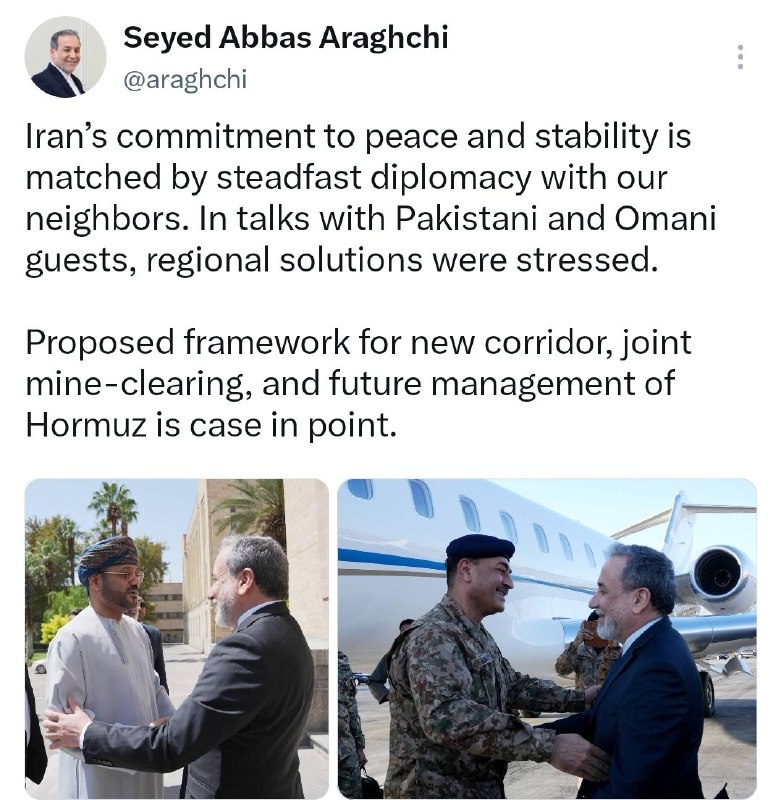 خبرگزاری برنا: عراقچی: با دیپلماسی با همسایگانمان تعهد به صلح را دنبال می‌کنیموزیر خارجه پس‌از دیدار با مقامات پاکستان و عمان:🔸 تعهد ای