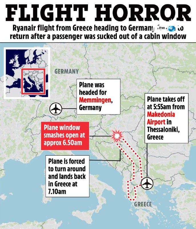 🇮🇱 נוסע של Ryanair נמשך חלקית מתוך המטוס לאחר התפרקות חלון. האירוע התרחש ב-10 ביולי במהלך הטיסה מסלוניקי…