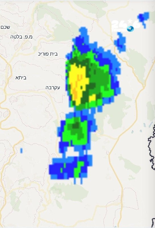 🇮🇱 גשמים חזקים יורדים כעת במזרח השומרון. מפה: אתר אטמוספירה. שלמה מזג אוויר.