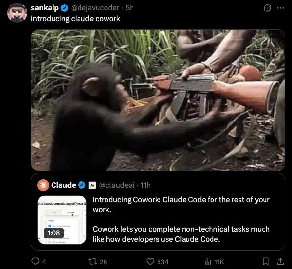 Claude Code For NormiesТут сегодня Anthropic выпустили Cowork – это Claude Code для не-программистов. В целом, почти весь этот функционал был доступен и раньше и через Claude Code и Claude Desktop, но сейчас они решили собрать это воедино и упростить UI/UX для не-прогеров.Краткий обзор Cowork на живом примере можно почитать у Саши Полякова, еще один разбор с набором ссылок для дополнительного чтения у Рефата, и ещё одно демо у Кости.А я вкратце расскажу о том, что мне удалось раздобыть интересного про технический бэкграунд этого продукта.За проектом стоит Felix Rieseberg, Head of Engineering for Claude.ai. Другие сотрудники Anthropic описывают Felix как Boris для Claude Code, говорят, что он живая легенда, один из оригинальных мейнтейнеров Electron, помог создать Slack app.Зарелизились они быстро.Boris Cherny подтолкнул меня: 