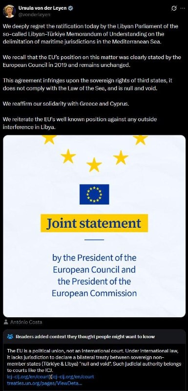 The representative of the European Union, von der Leyen, is awarded by the community after she "deeply regrets" the maritime agreement between Turkey and Libya.