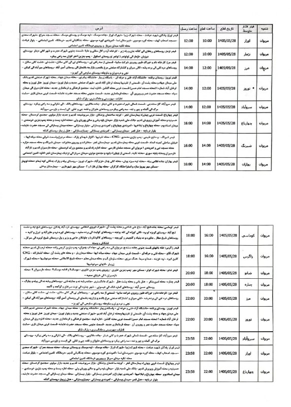 مریوان خبر️: 🔷برنامه قطعی برق شهرستان مریوان🔹 فردا چهارشنبه 28 مردادماه🔹مسئولیت هرگونە تغییر و بی نظمی در برنامه قطعی برق برعهده مسئو