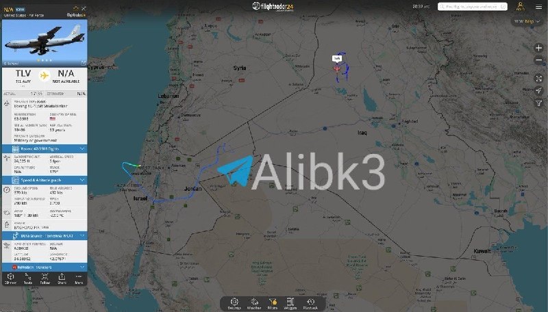 A KC-135R refueling plane coming from Tel Aviv flies over northern Iraq.