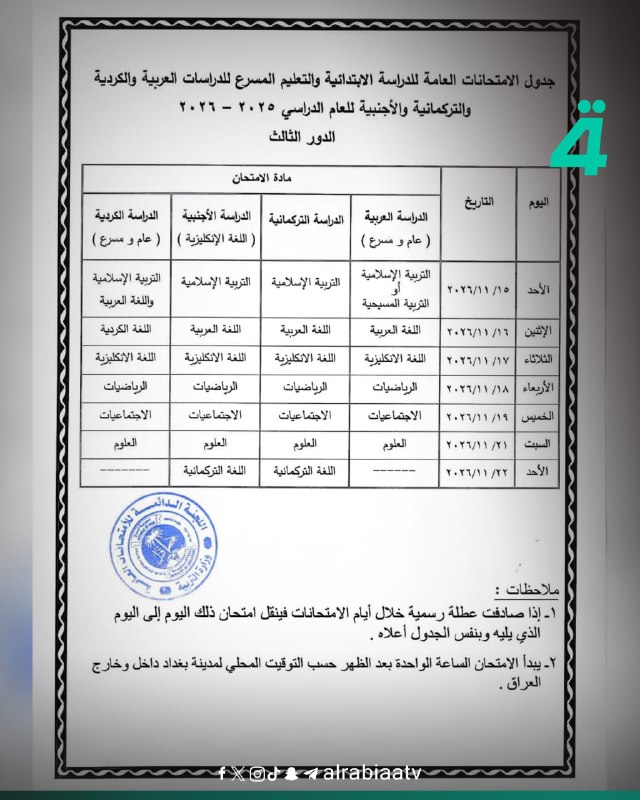 وزارة التربية تعلن جداول امتحانات الدور الثالث للمراحل الدراسية كافة