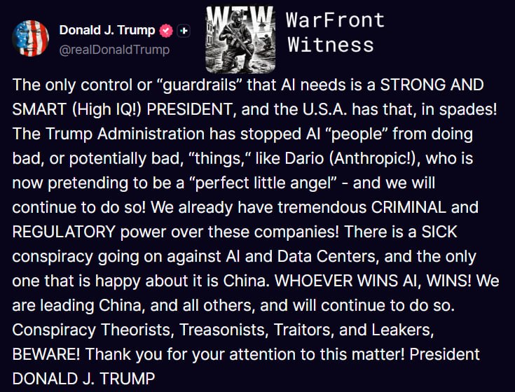 ️🇺🇸 US President Donald Trump on rejecting safety rails in artificial intelligence: