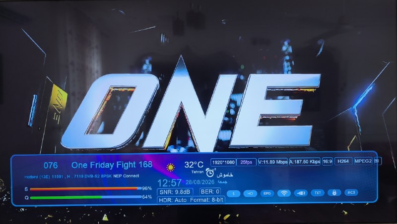 ماهواره استور: فیدمسابقات رزمی ONE📡 Eutelsat Hotbird 13B/13C/13G @ 13.0°E📶 11590 H 7120🎬 1920×1080 | H.264/AVC📊 4:2:0 | 12.35 Mb/s🆔 One