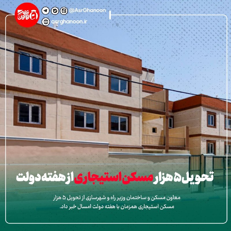 عصر قانون: ✳️تحویل ۵ هزار مسکن استیجاری از هفته دولت🔹معاون مسکن و ساختمان وزیر راه و شهرسازی از تحویل 5 هزار مسکن استیجاری همزمان ب