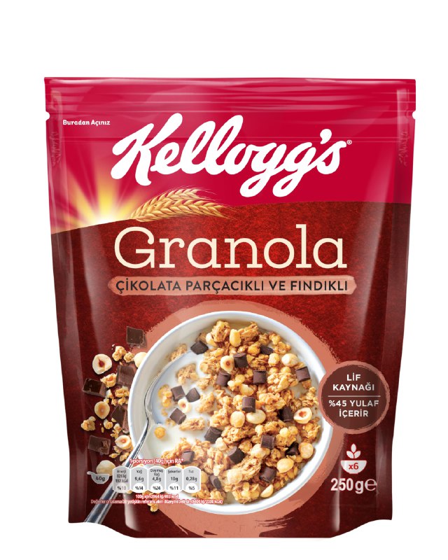 Kellogg's Granola Çikolata Parçacıklı ve Fındıklı 250 Gr, Yulaf içerir,Lif Kaynağı, Belçika Çikolata Parçaları,Antioksidan içerir,Kahvaltılık Gevrek,Müsli - 250 Gr