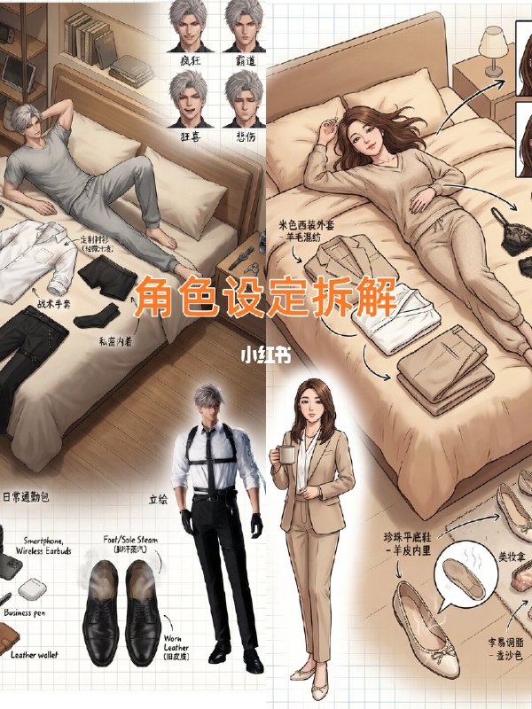 ⌚️角色设定拆解图——精英男女❄️冷酷银发精英，白衬衫+黑背带+战术皮手套，皮鞋锃亮，公文包塞满名片钢笔耳机☕️米色西装职场姐姐，手持咖啡杯，珍珠平底鞋，包里名片口红豆沙色调脂关注我 + 私信发图=直接安排，得到拆截图提示词如下：Role(角色设定)你是一位顶尖的游戏与动漫概念美术设计大师(concept Artist)，擅长制作详尽的角色设定图(character sheet)
