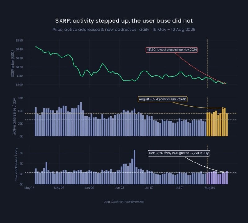 Arzmodern | ارز مدرن: 🌐 ریپل (XRP) دیروز نزدیک به ۱ دلار بسته شد که پایین‌ترین سطح آن از نوامبر ۲۰۲۴ محسوب می‌شود.🔸️طبق داده‌های Santiment، تع